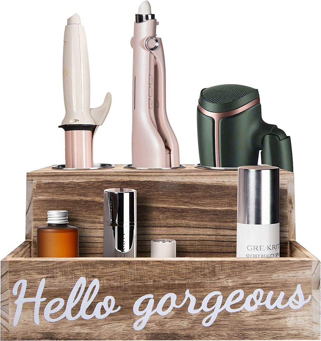 Wooden Hair Tool Organizer, Blow Hair Dry and Straightener Holder, Curling Iron Holder, Flat Iron Holder, Hair Accessories Product Styling Tools Dryer Organizer Storage for Bathroom Vanity Countertop