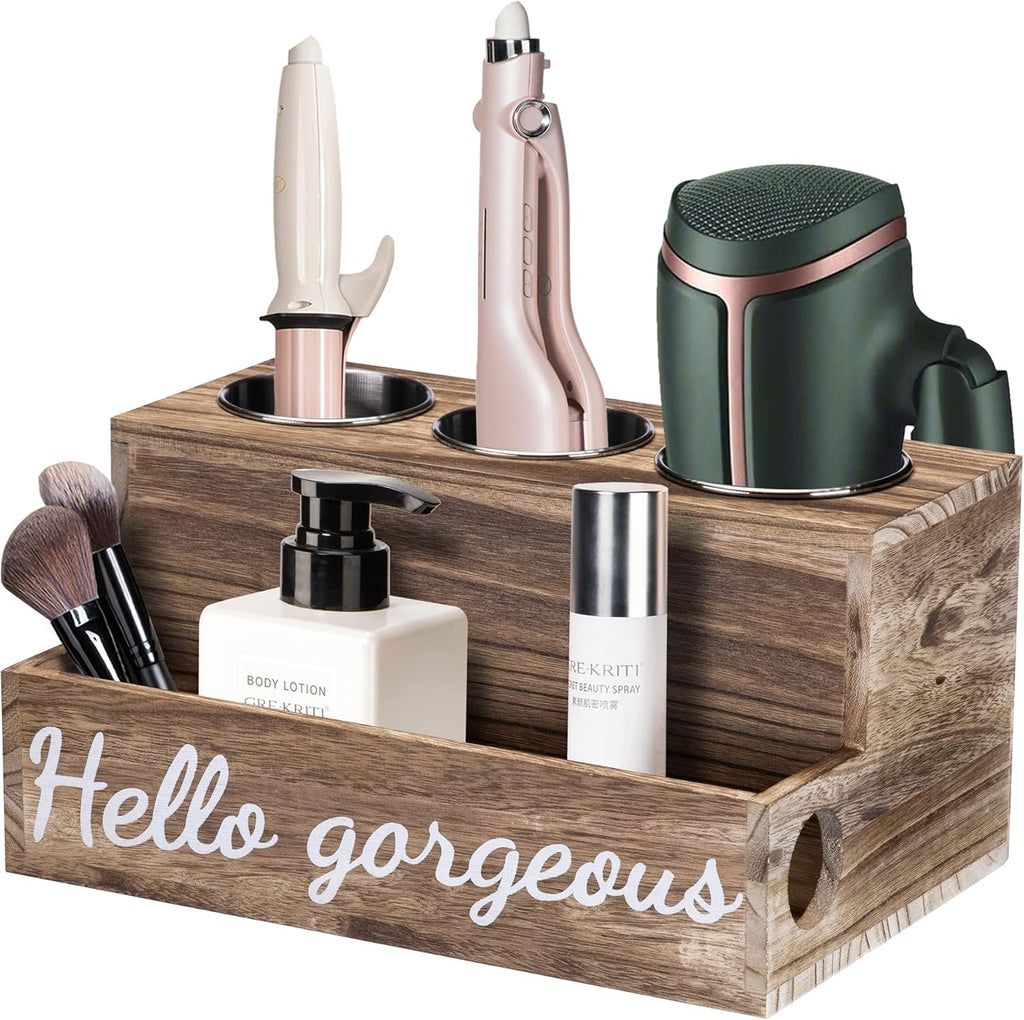 Wooden Hair Tool Organizer, Blow Hair Dry and Straightener Holder, Curling Iron Holder, Flat Iron Holder, Hair Accessories Product Styling Tools Dryer Organizer Storage for Bathroom Vanity Countertop