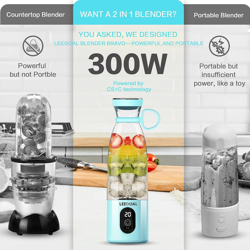 Smoothie Maker, 18OZ/535ML Portable Smoothie Blender Juicer Mixer, 300W Powerful Personal Blender | Crushes Ice Cubes| 3X MORE POWERFUL than Most USB Blenders,  Blender Bravo Blue