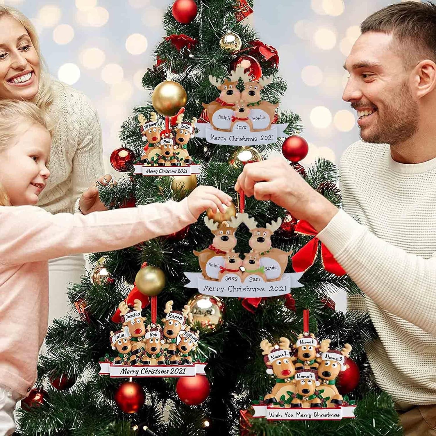 DECORY 2021 Family Ornament, Family Christmas Reindeer Ornaments, Personalized DIY Name Ornaments Reindeer Family of 3, 4, 5,Christmas Tree Decorations