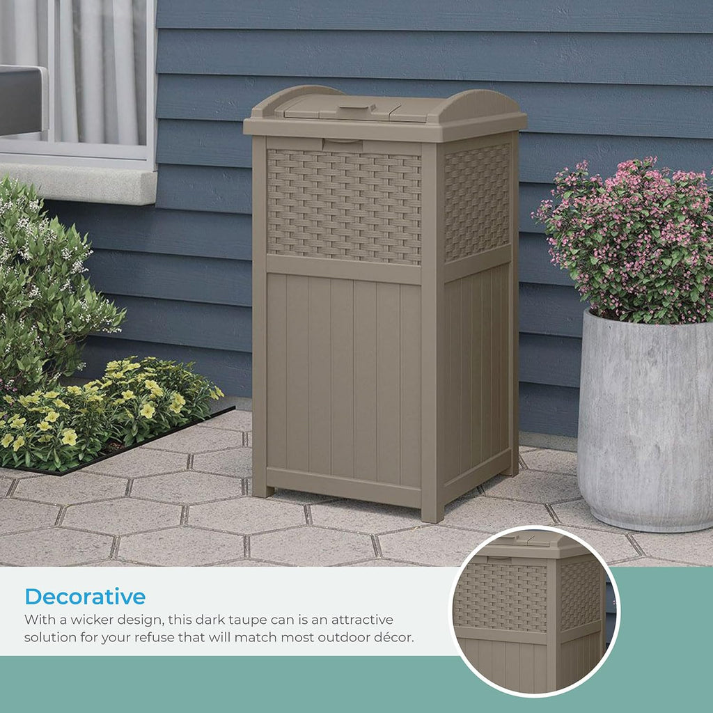 33 Gallon Hideaway Trash Can for Patio - Resin Outdoor Trash with Lid - Use in Backyard, Deck, or Patio - Dark Taupe