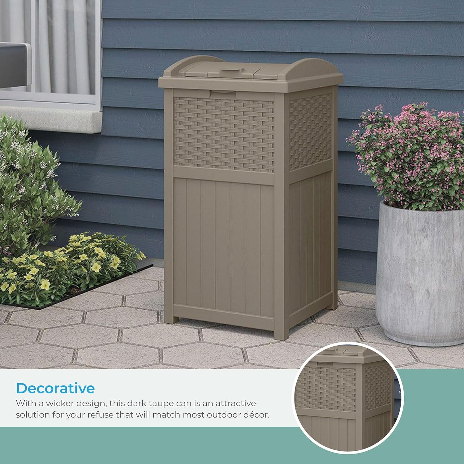 33 Gallon Hideaway Trash Can for Patio - Resin Outdoor Trash with Lid - Use in Backyard, Deck, or Patio - Dark Taupe