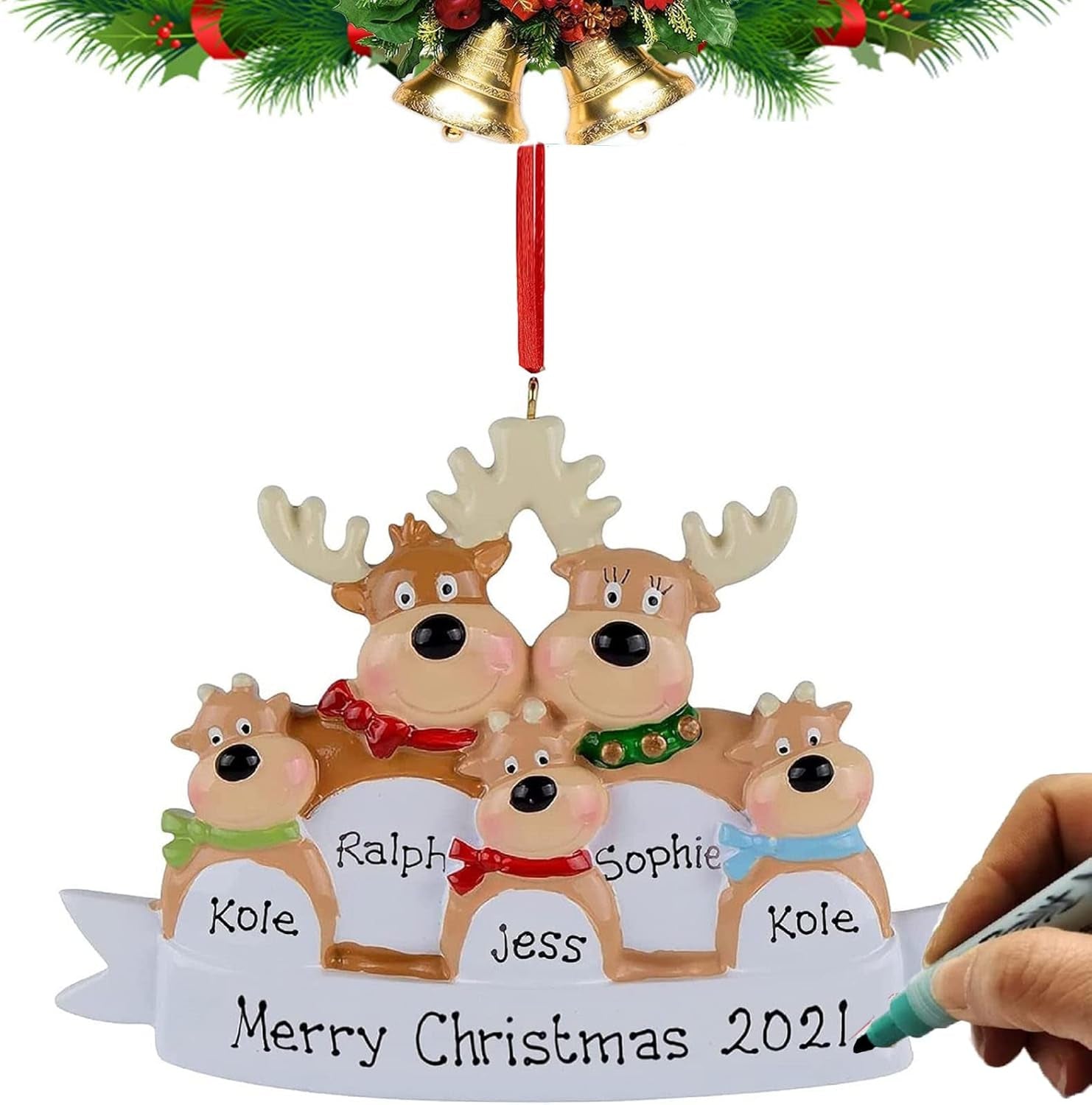 DECORY 2021 Family Ornament, Family Christmas Reindeer Ornaments, Personalized DIY Name Ornaments Reindeer Family of 3, 4, 5,Christmas Tree Decorations