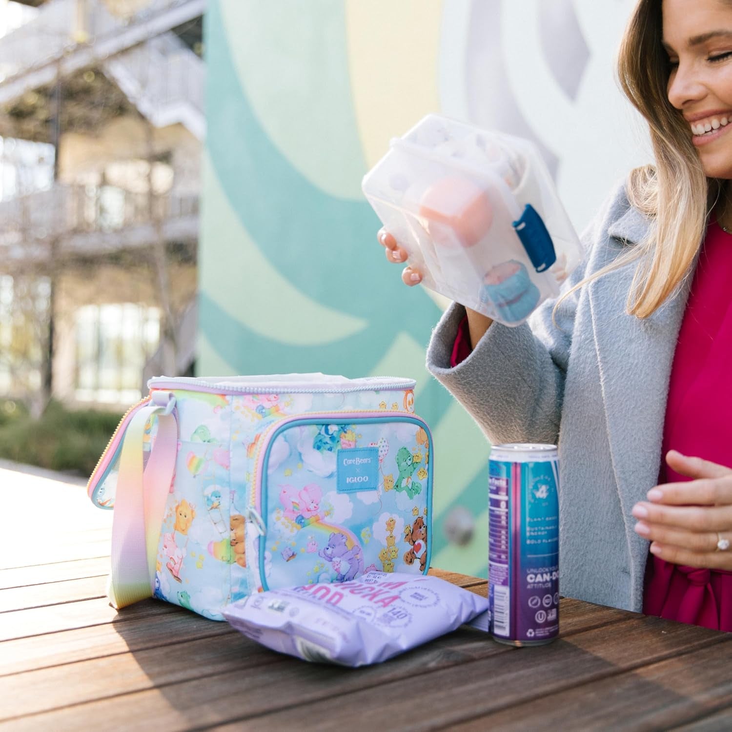 Retro 90S Cooler, Insulated Square Lunch Box with Front Pocket & Adjustable Strap