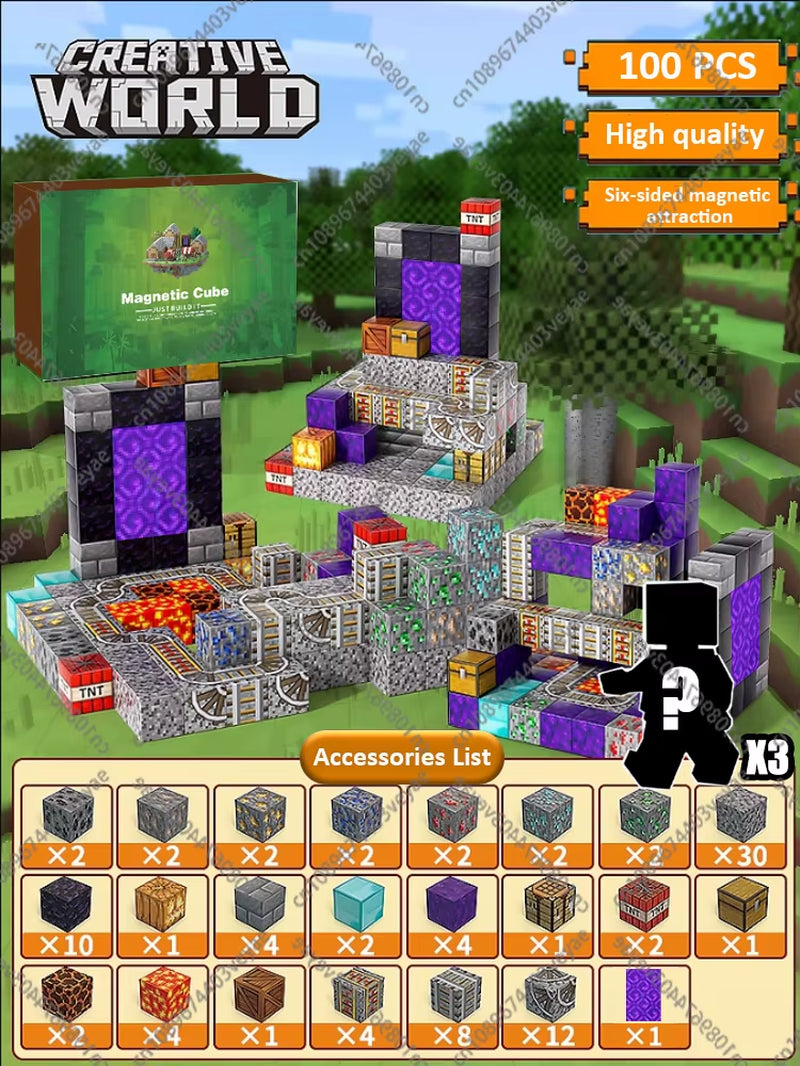 Magnetic Building Blocks Mine World Magnet Cube Set STEM Montessori Sensory Toy for Kids Boys Girls Ages 3+ DIY Model Children