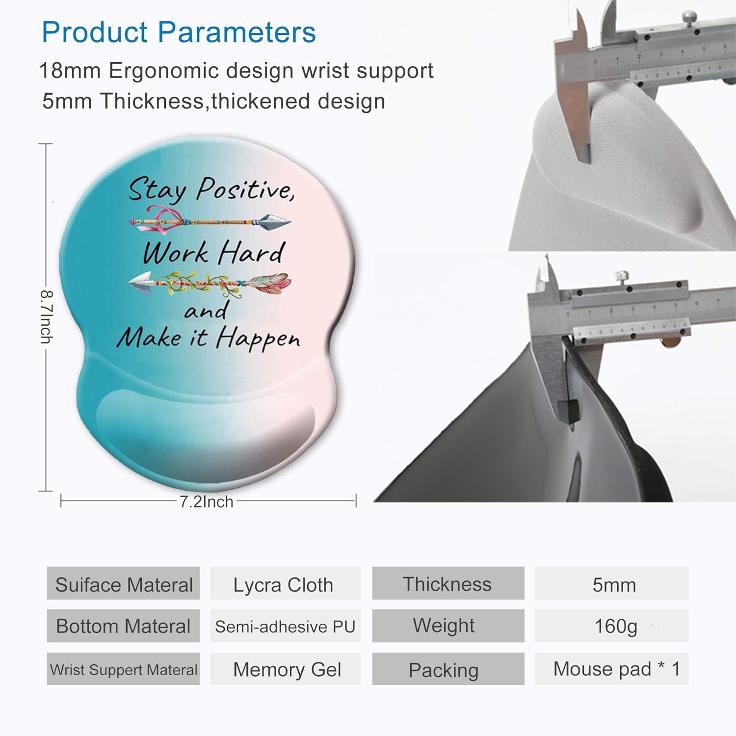 ITNRSIIET Ergonomic Mouse Pad with Gel Wrist Rest Support Non-Slip PU Base Stay Positive Work Hard and Make It Happen Inspirational Quote Cute Small Mouse Pad Pain Relief, 8.7 X 7.2 Inches