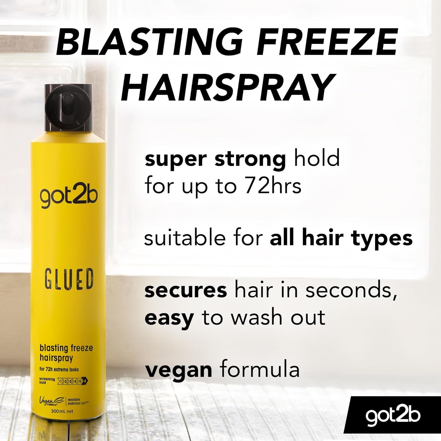 Glued Blasting Freeze Hairspray 300 Ml, Glued Hairspray for up to 72H Ultra Strong Hold, Hairspray , for Extreme Hairstyles, Vegan* Formula