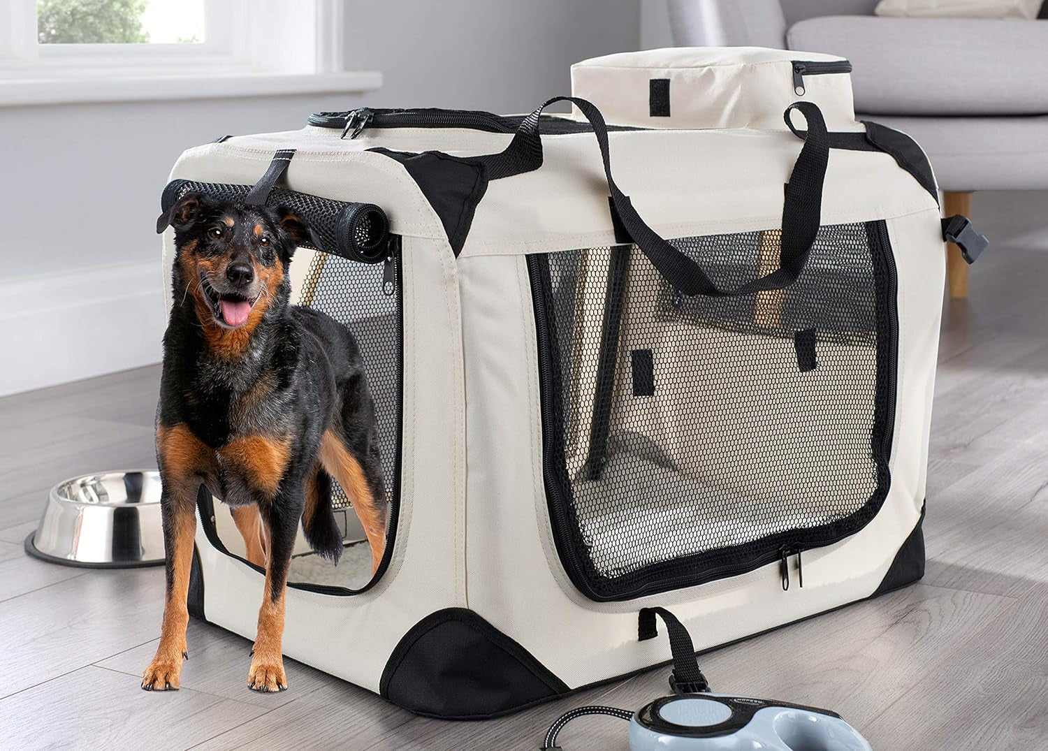 Lightweight Fabric Pet Carrier for Cats, Dogs and More with Fleece Mat and Food Bag, Beige