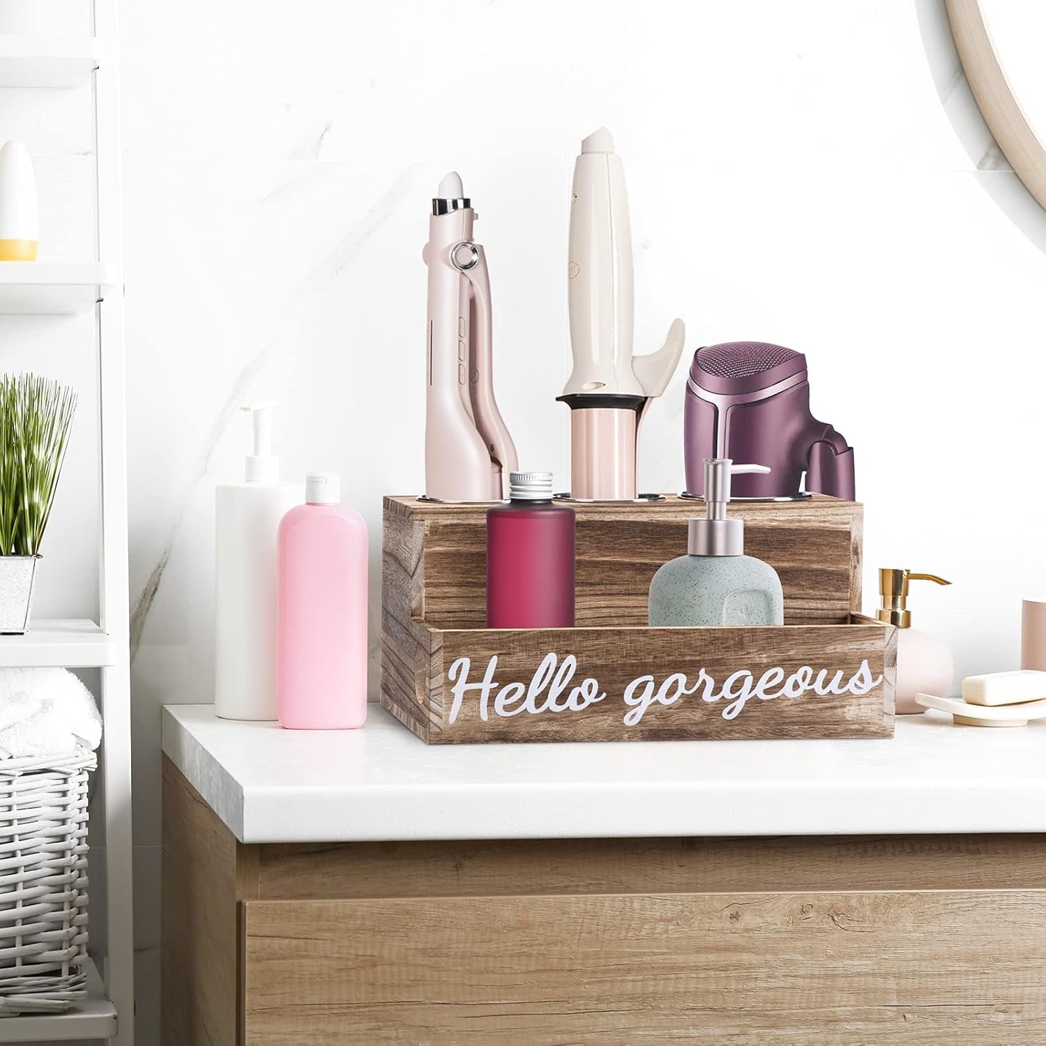 Wooden Hair Tool Organizer, Blow Hair Dry and Straightener Holder, Curling Iron Holder, Flat Iron Holder, Hair Accessories Product Styling Tools Dryer Organizer Storage for Bathroom Vanity Countertop