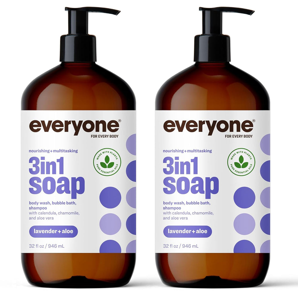 Everyone 3-In-1 Soap, Body Wash, Bubble Bath, Shampoo, 32 Ounce (Pack of 2), Lavender and Aloe, Made with Essential Oils for Men and Women