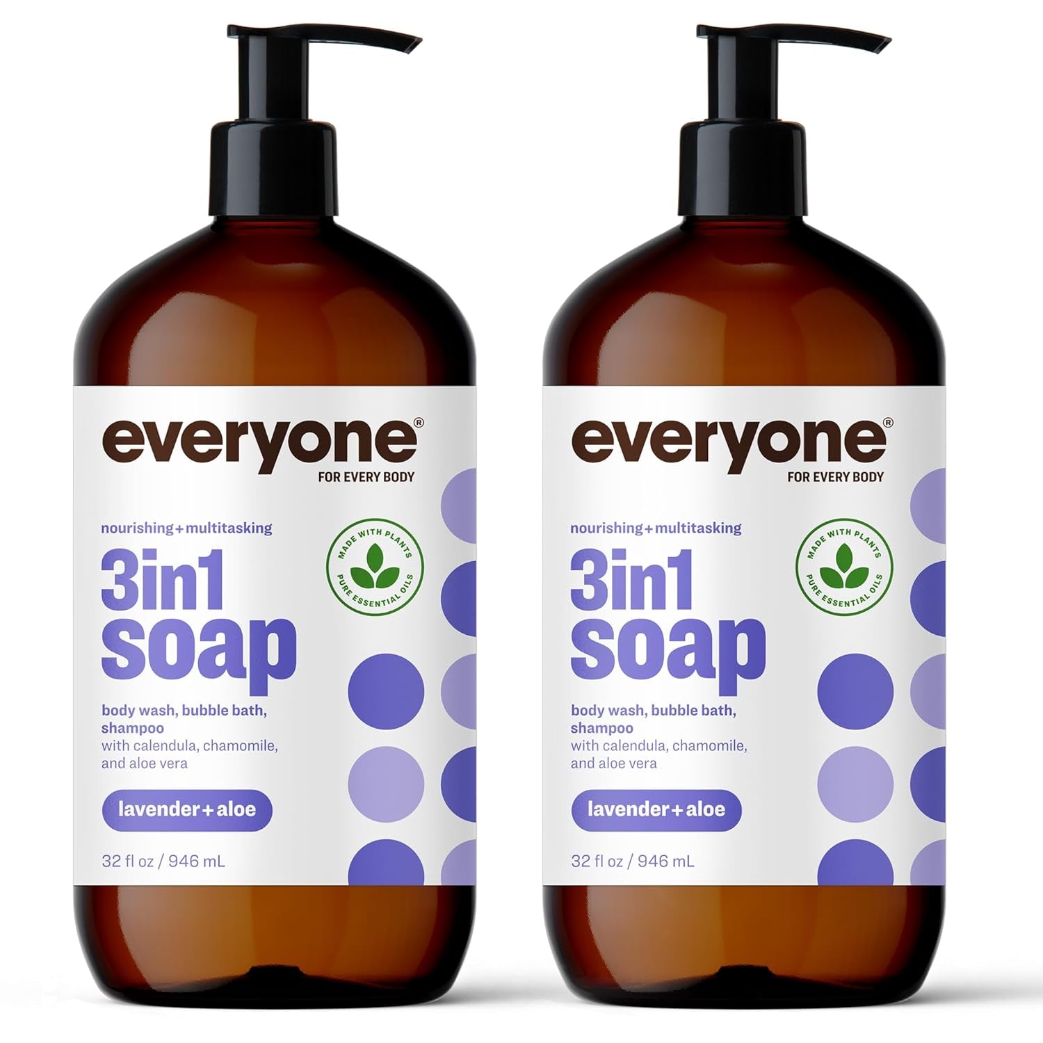 Everyone 3-In-1 Soap, Body Wash, Bubble Bath, Shampoo, 32 Ounce (Pack of 2), Lavender and Aloe, Made with Essential Oils for Men and Women