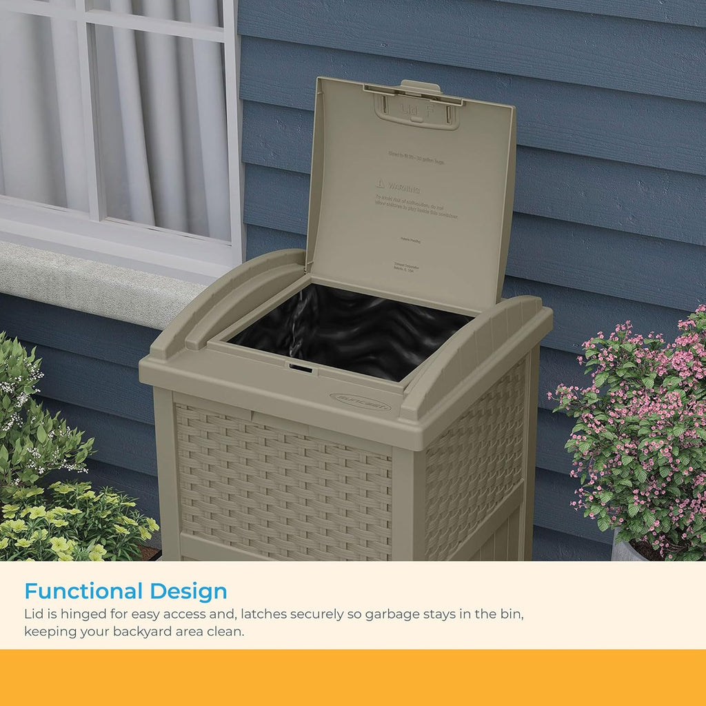 33 Gallon Hideaway Trash Can for Patio - Resin Outdoor Trash with Lid - Use in Backyard, Deck, or Patio - Dark Taupe