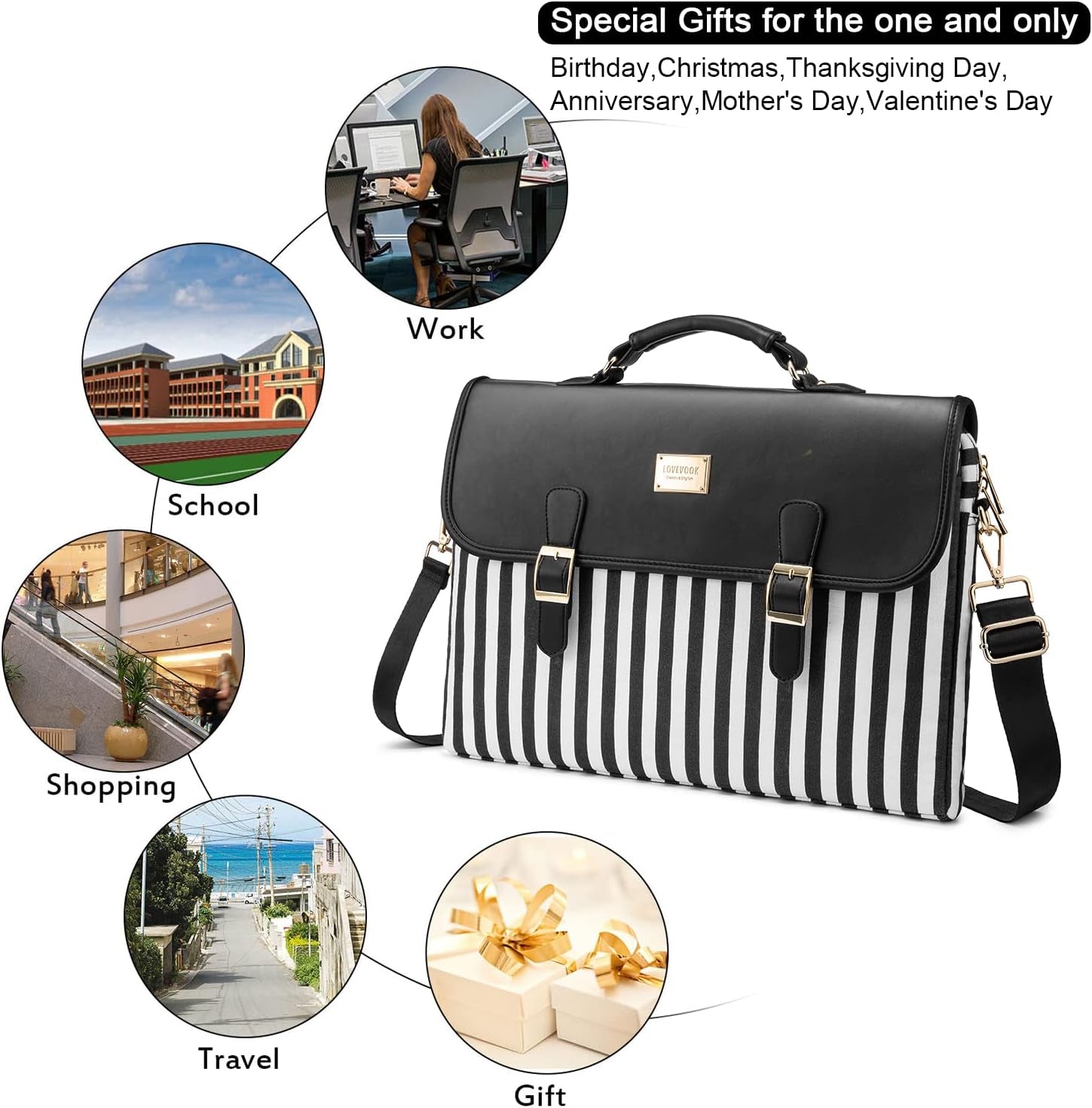 Computer Bag Laptop Bag for Women Cute Laptop Messenger Bag for Work College, Slim-Black, 15.6-Inch