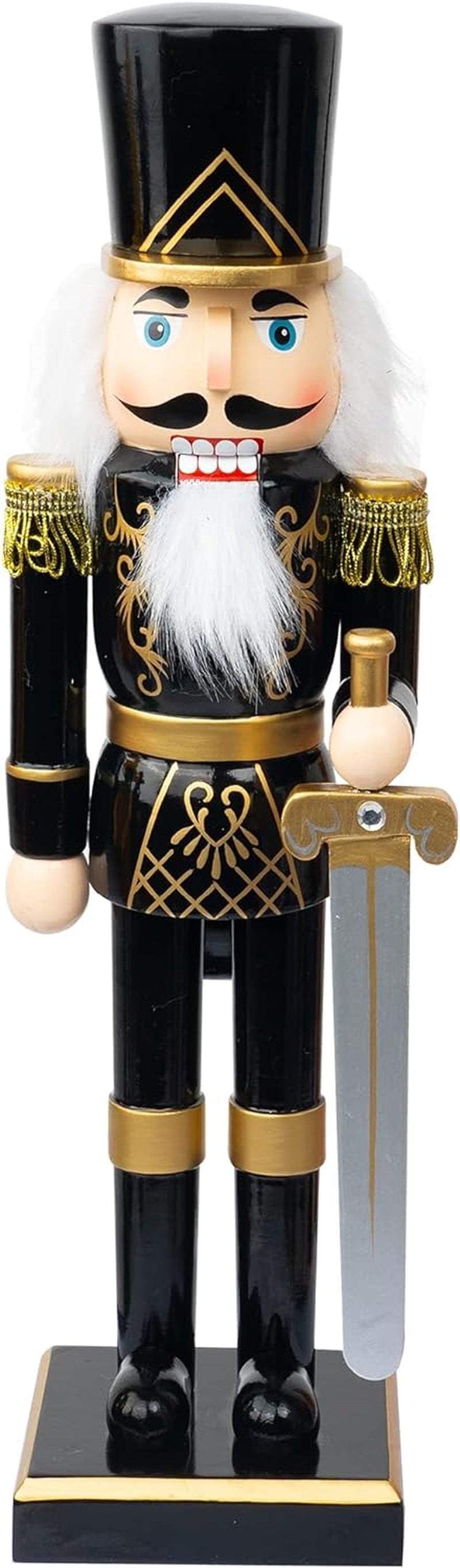 FUNPENY 14" Christmas Decorative Nutcracker Figures, Wooden Black Soldier in Black Uniform Hold Sword, Festive Collectible Nutcracker Gift for Indoor Winter Table Desktop Fireplace Decorations