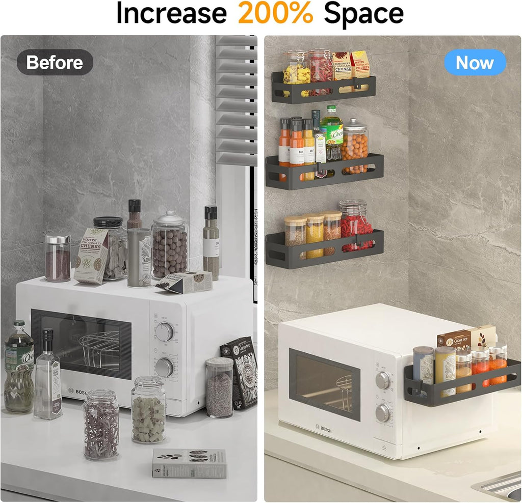 4 Pack Magnetic Spice Rack for Refrigerator, Spice Rack Organizer, Moveable Magnetic Shelf Fridge Organizer with 4 Hooks for Kitchen and Oven Organization, Black