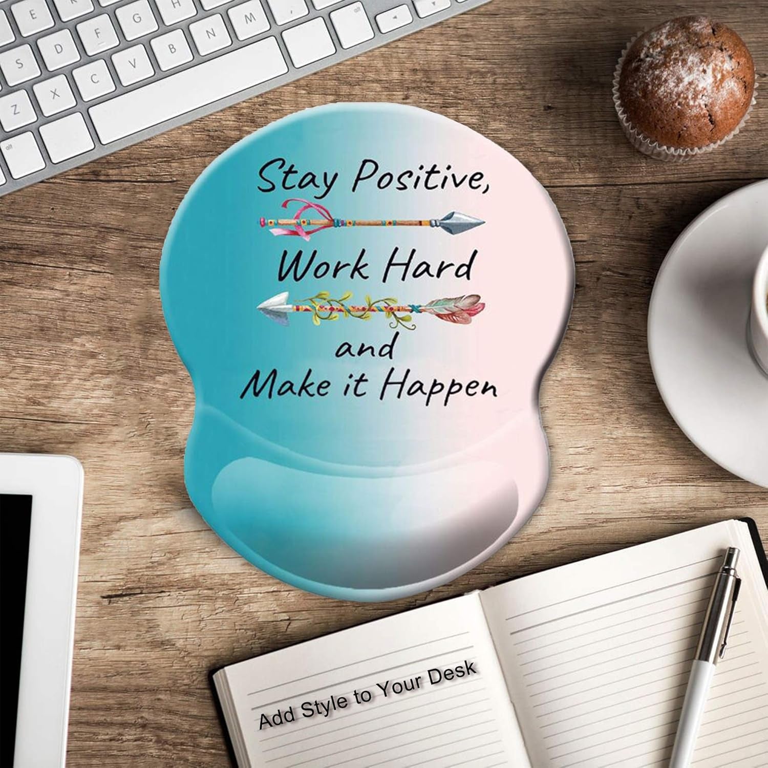 ITNRSIIET Ergonomic Mouse Pad with Gel Wrist Rest Support Non-Slip PU Base Stay Positive Work Hard and Make It Happen Inspirational Quote Cute Small Mouse Pad Pain Relief, 8.7 X 7.2 Inches