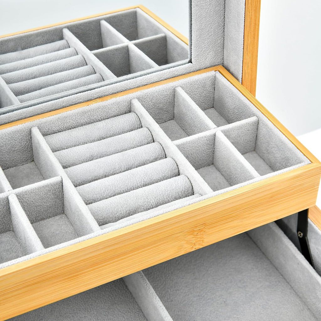 Three-Layer Bamboo Jewelry Box with Mirror Jewelry Storage with Lock Jewelry Organizer with 2 Drawers for Girl Women'S Gift Mother'S Day