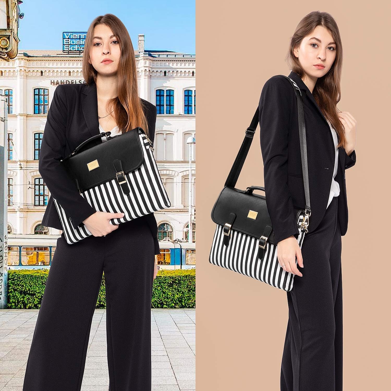 Computer Bag Laptop Bag for Women Cute Laptop Messenger Bag for Work College, Slim-Black, 15.6-Inch