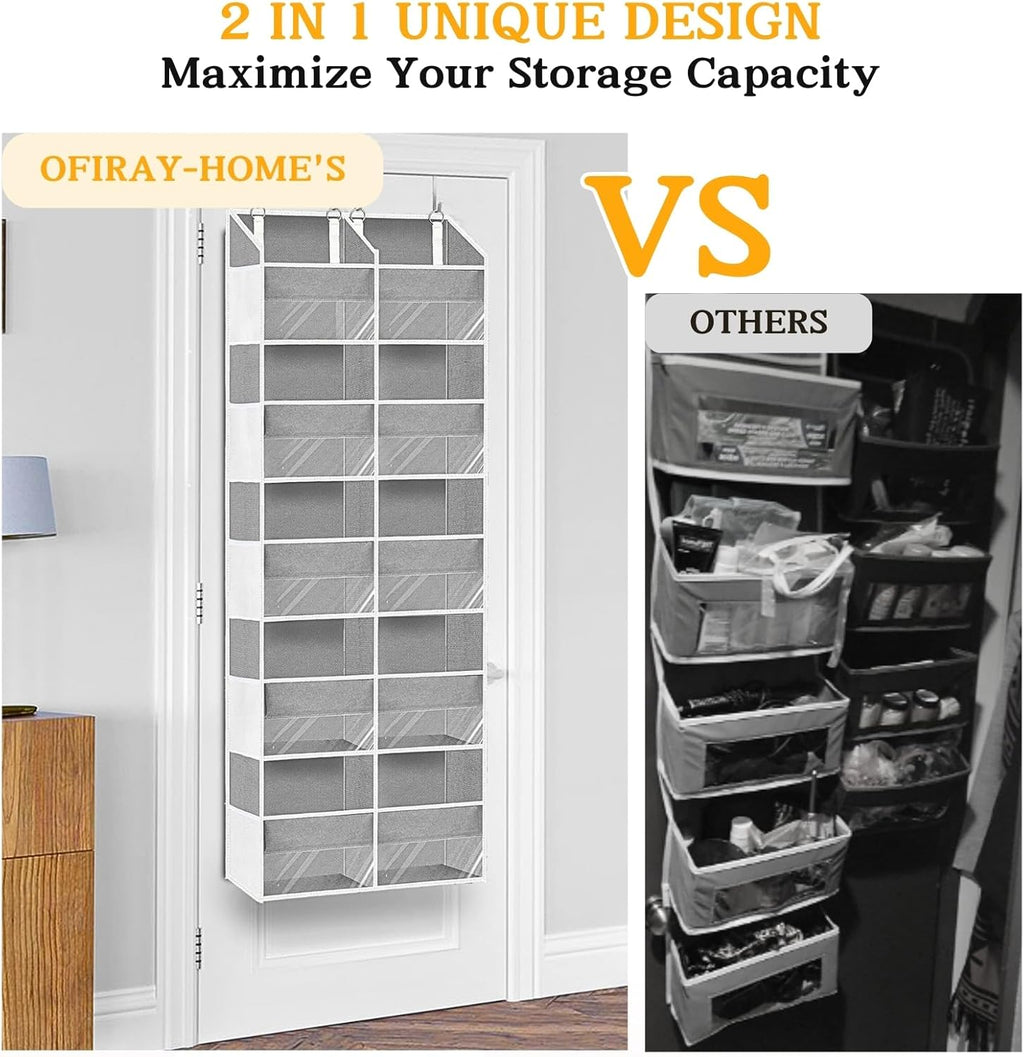 Over the Door Organizer, 5-Tier Extra Large behind Door Storage with 10 Big Front & 10 Mesh Pockets, 80Lb Capacity, Hanging Storage Organizer with Clear Window Kids Toys, Shoes, Diapers, Light Grey