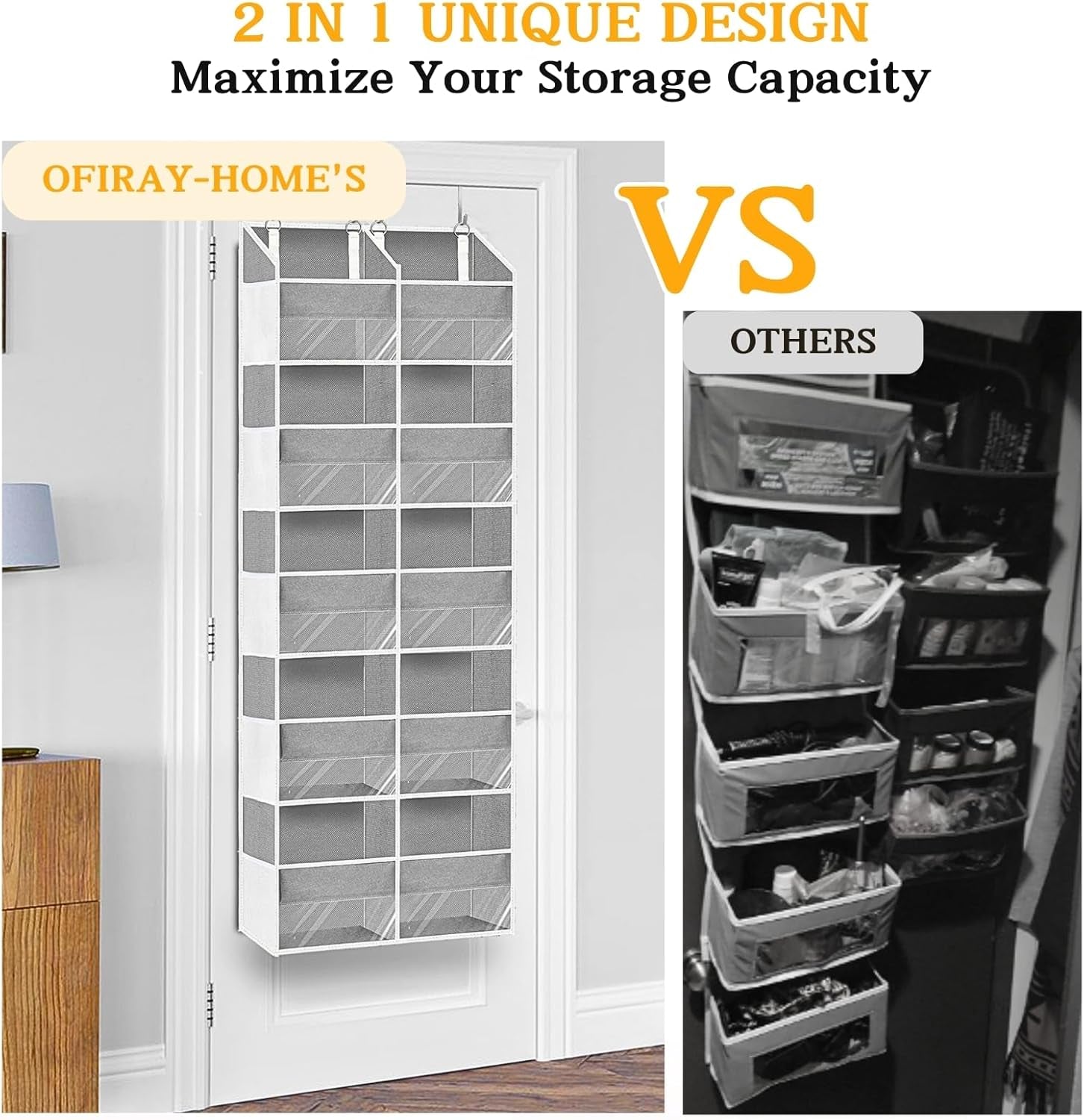 Over the Door Organizer, 5-Tier Extra Large behind Door Storage with 10 Big Front & 10 Mesh Pockets, 80Lb Capacity, Hanging Storage Organizer with Clear Window Kids Toys, Shoes, Diapers, Light Grey