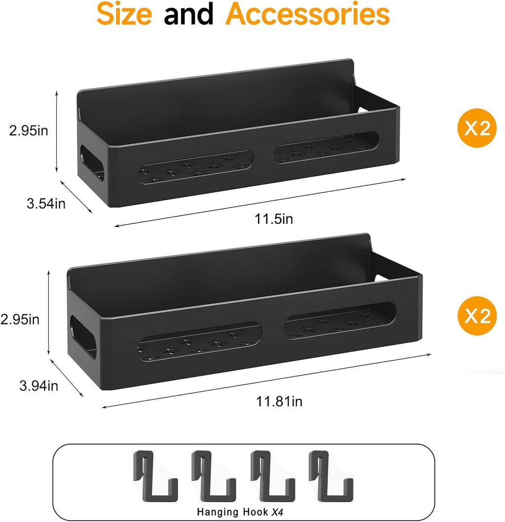 4 Pack Magnetic Spice Rack for Refrigerator, Spice Rack Organizer, Moveable Magnetic Shelf Fridge Organizer with 4 Hooks for Kitchen and Oven Organization, Black