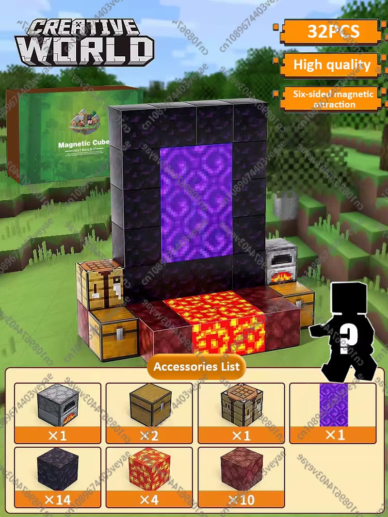 Magnetic Building Blocks Mine World Magnet Cube Set STEM Montessori Sensory Toy for Kids Boys Girls Ages 3+ DIY Model Children