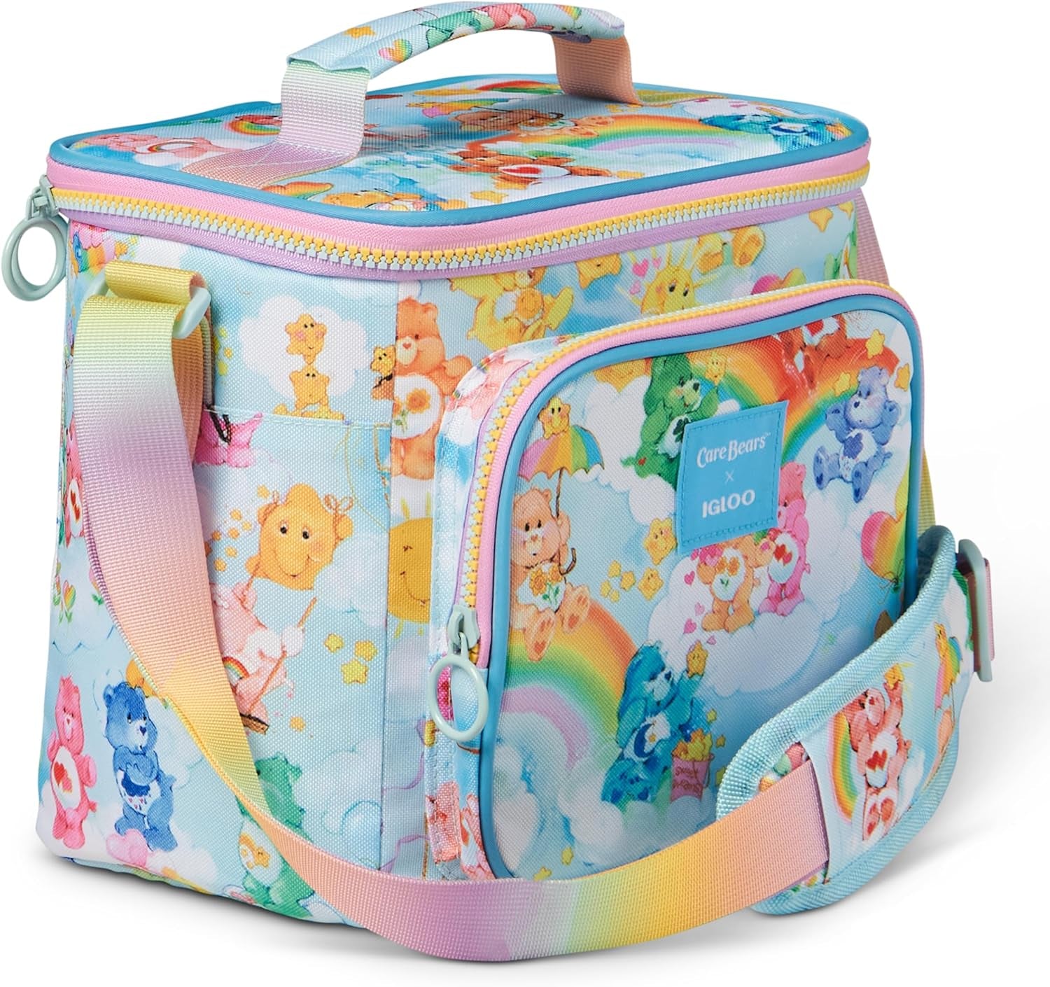Retro 90S Cooler, Insulated Square Lunch Box with Front Pocket & Adjustable Strap