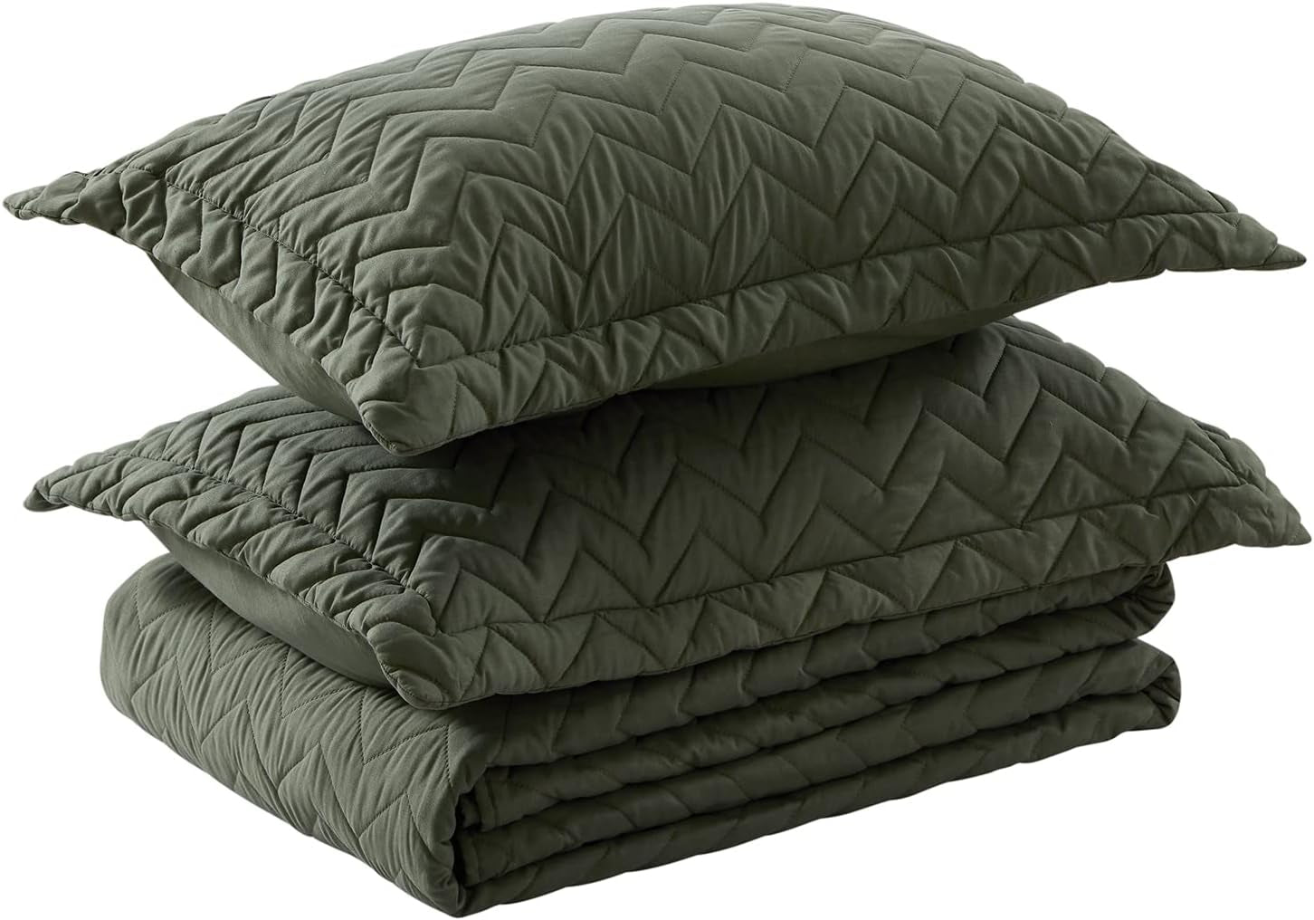 Nexhome Queen Quilt Set Lightweight Bedspreads Soft Microfiber Reversible Quilted Bed Cover Olive Green Modern Style Polyline Pattern Bedding Set for All Season 3 Pieces (1 Quilt, 2 Pillow Shams)