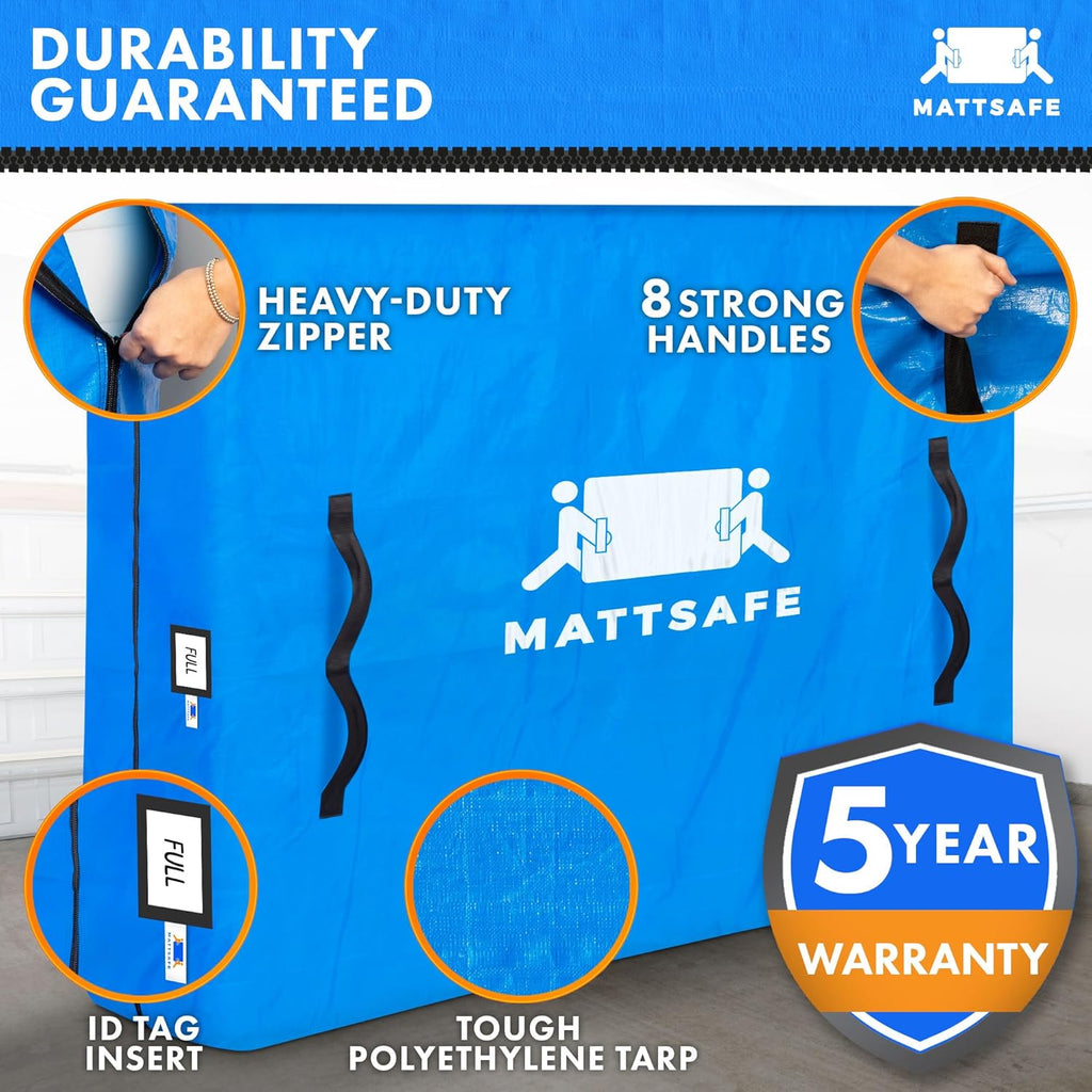 Mattress Bag with 8 Handles for Moving and Storage - Full Size - Reusable Cover with Strong Zipper Closure - Extra Thick Mattress Protection Mattsafe