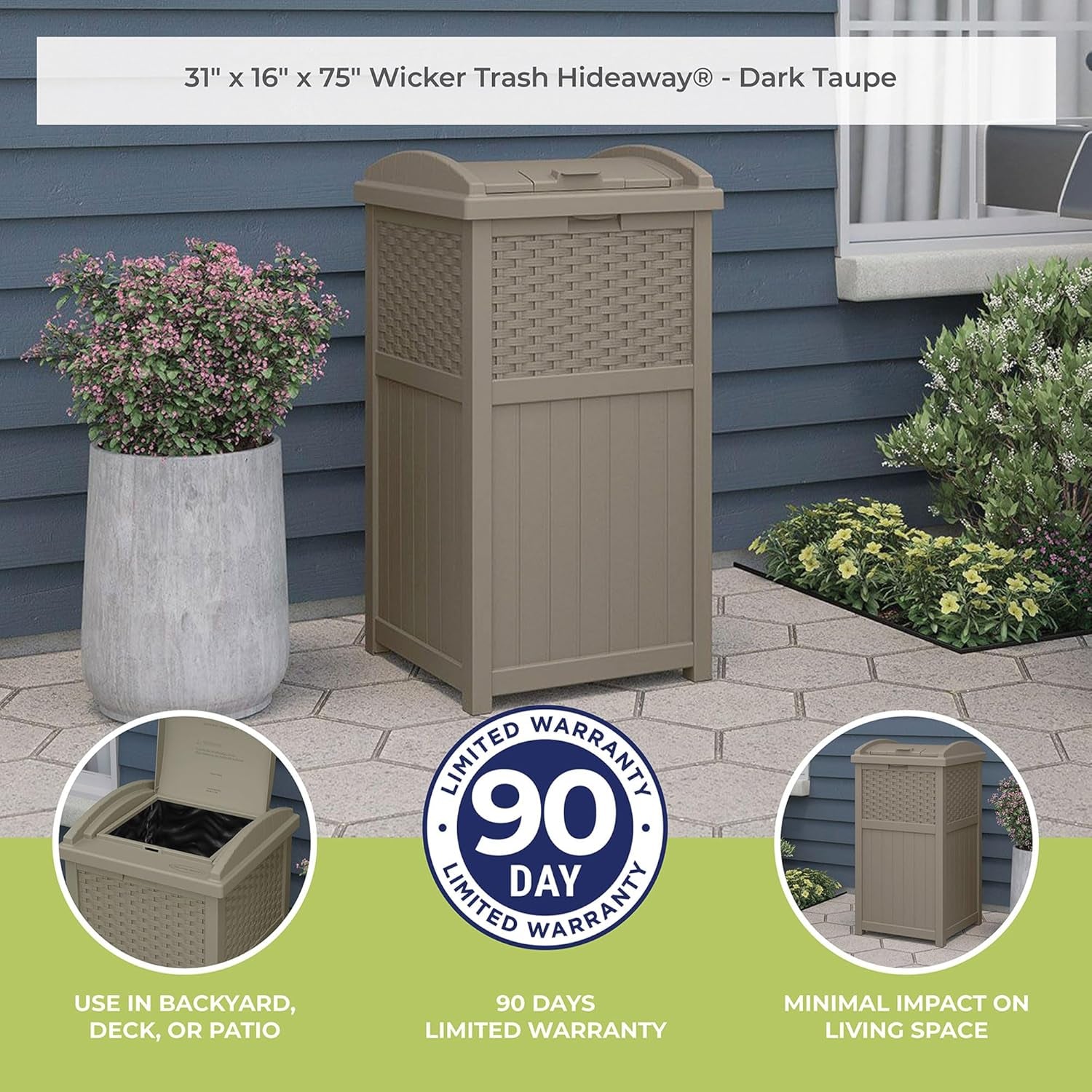 33 Gallon Hideaway Trash Can for Patio - Resin Outdoor Trash with Lid - Use in Backyard, Deck, or Patio - Dark Taupe