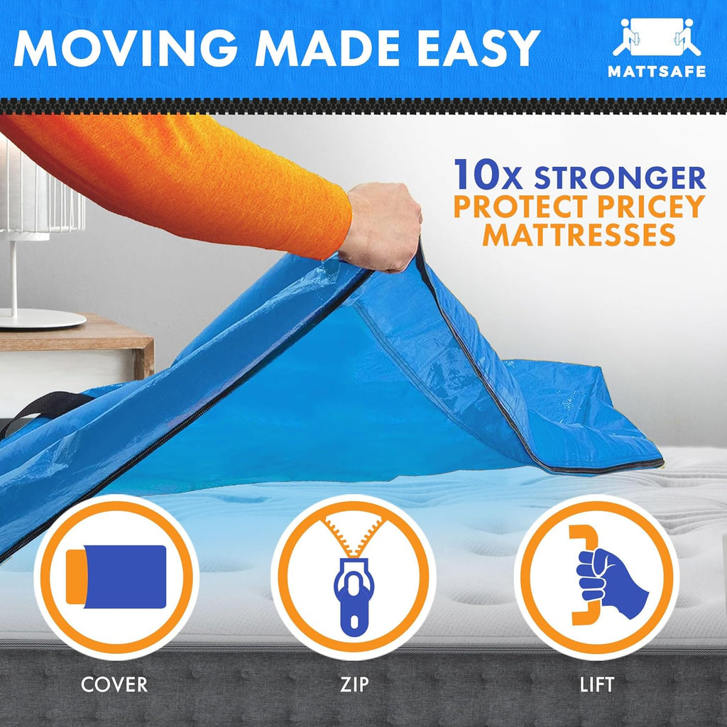 Mattress Bag with 8 Handles for Moving and Storage - Full Size - Reusable Cover with Strong Zipper Closure - Extra Thick Mattress Protection Mattsafe