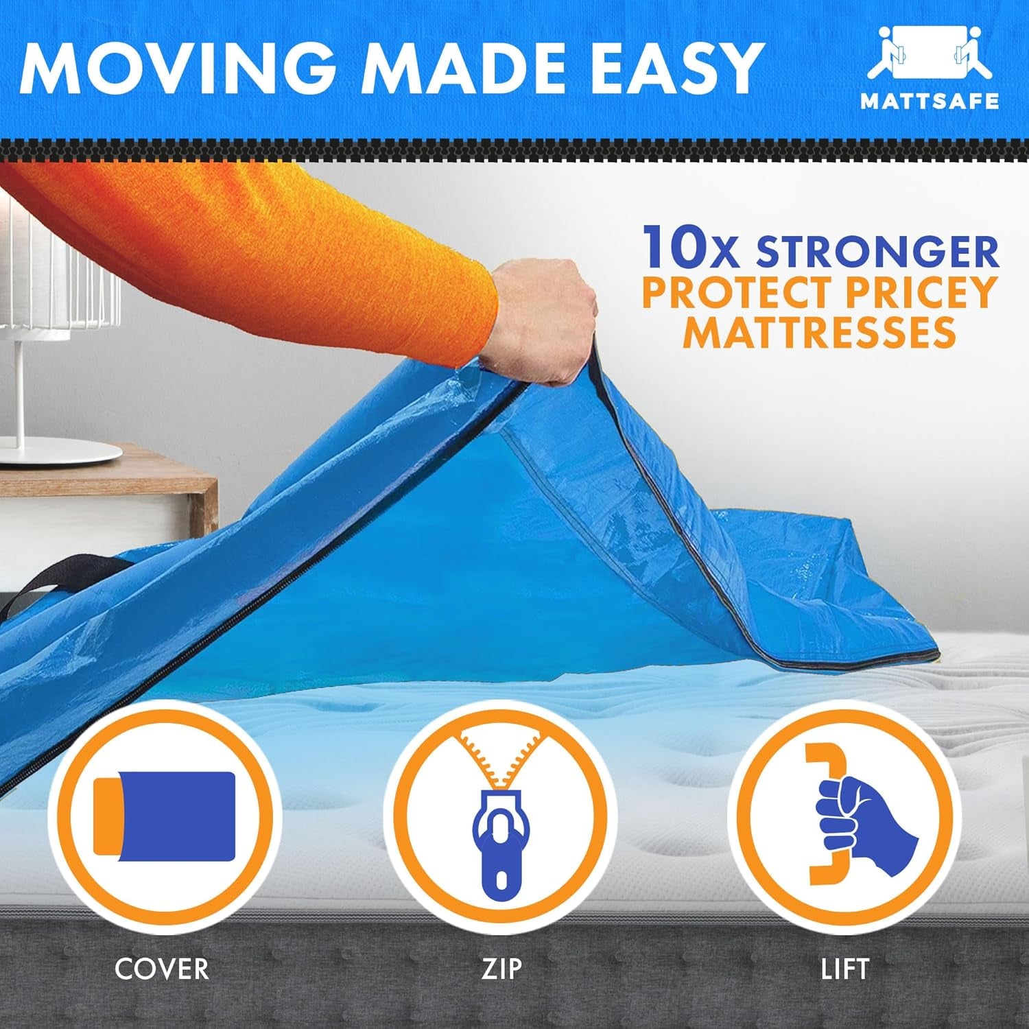 Mattress Bag with 8 Handles for Moving and Storage - Full Size - Reusable Cover with Strong Zipper Closure - Extra Thick Mattress Protection Mattsafe