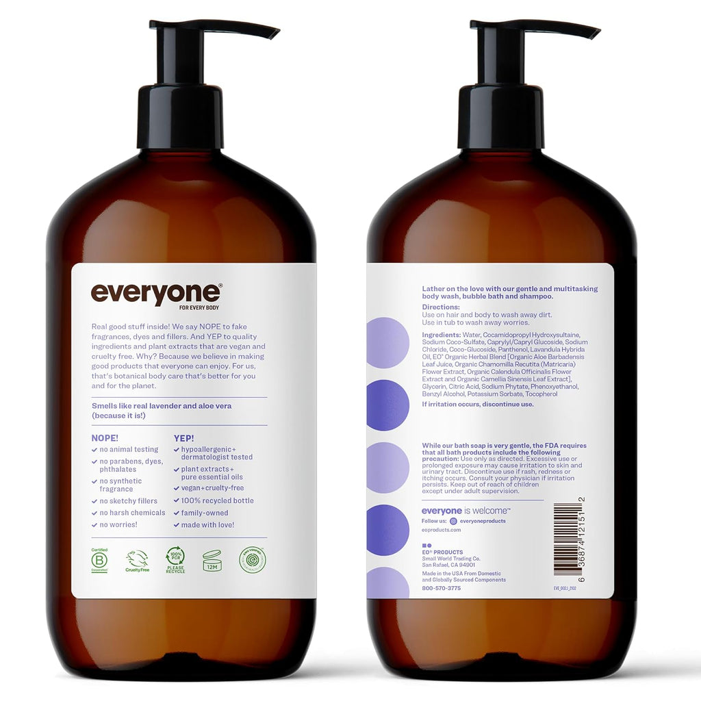 Everyone 3-In-1 Soap, Body Wash, Bubble Bath, Shampoo, 32 Ounce (Pack of 2), Lavender and Aloe, Made with Essential Oils for Men and Women