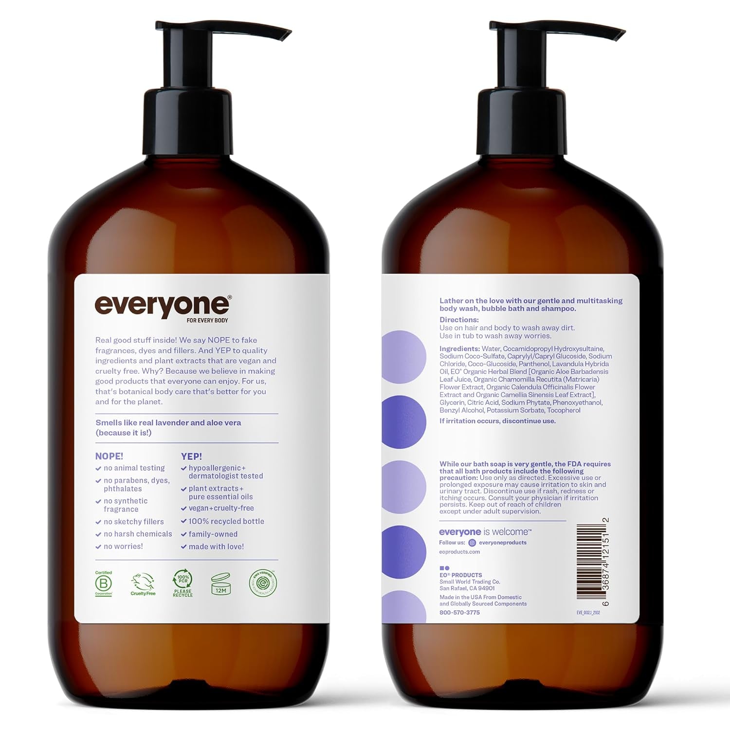 Everyone 3-In-1 Soap, Body Wash, Bubble Bath, Shampoo, 32 Ounce (Pack of 2), Lavender and Aloe, Made with Essential Oils for Men and Women