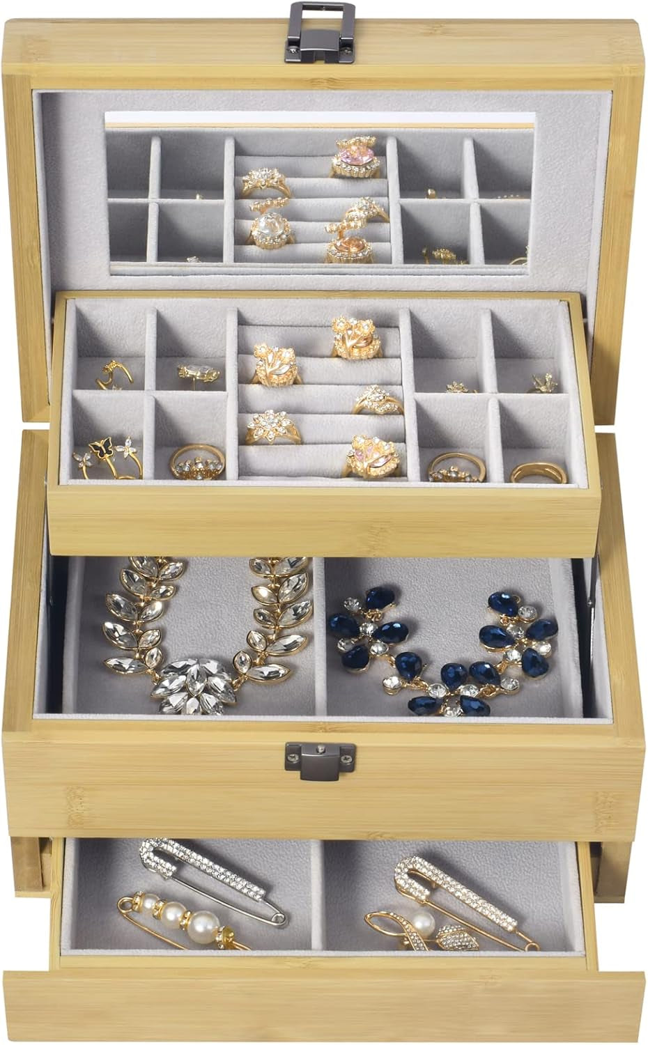 Three-Layer Bamboo Jewelry Box with Mirror Jewelry Storage with Lock Jewelry Organizer with 2 Drawers for Girl Women'S Gift Mother'S Day