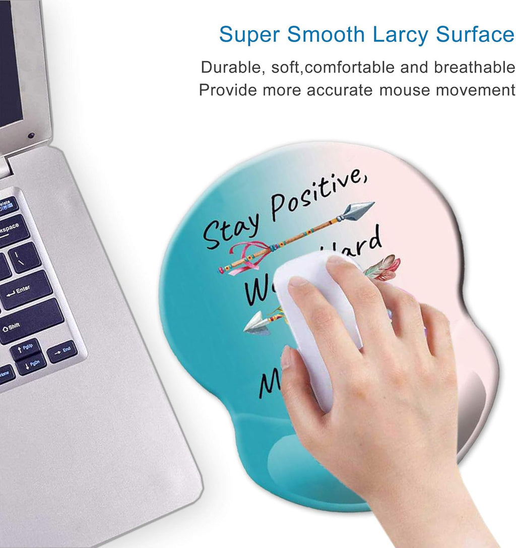 ITNRSIIET Ergonomic Mouse Pad with Gel Wrist Rest Support Non-Slip PU Base Stay Positive Work Hard and Make It Happen Inspirational Quote Cute Small Mouse Pad Pain Relief, 8.7 X 7.2 Inches