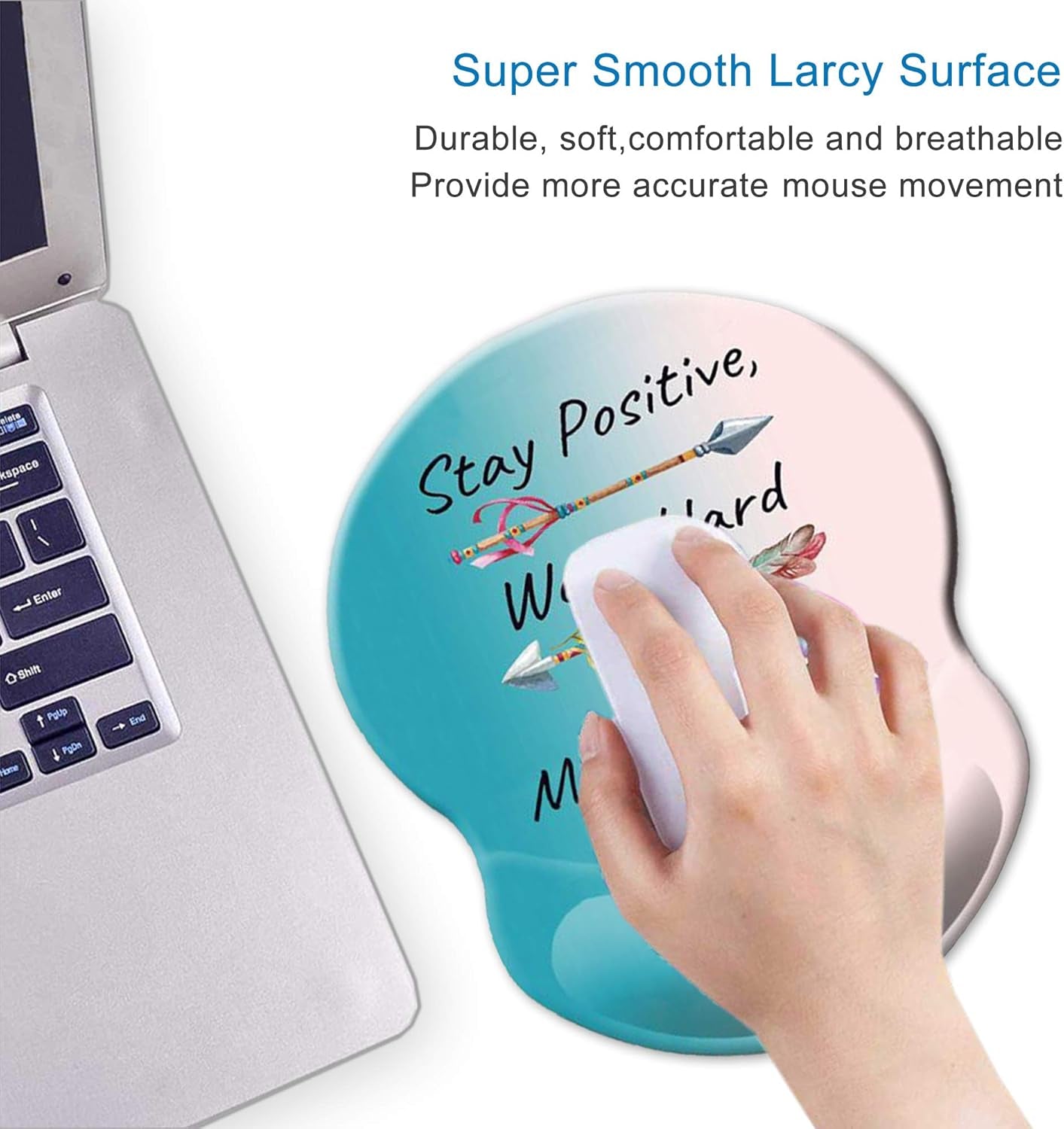 ITNRSIIET Ergonomic Mouse Pad with Gel Wrist Rest Support Non-Slip PU Base Stay Positive Work Hard and Make It Happen Inspirational Quote Cute Small Mouse Pad Pain Relief, 8.7 X 7.2 Inches