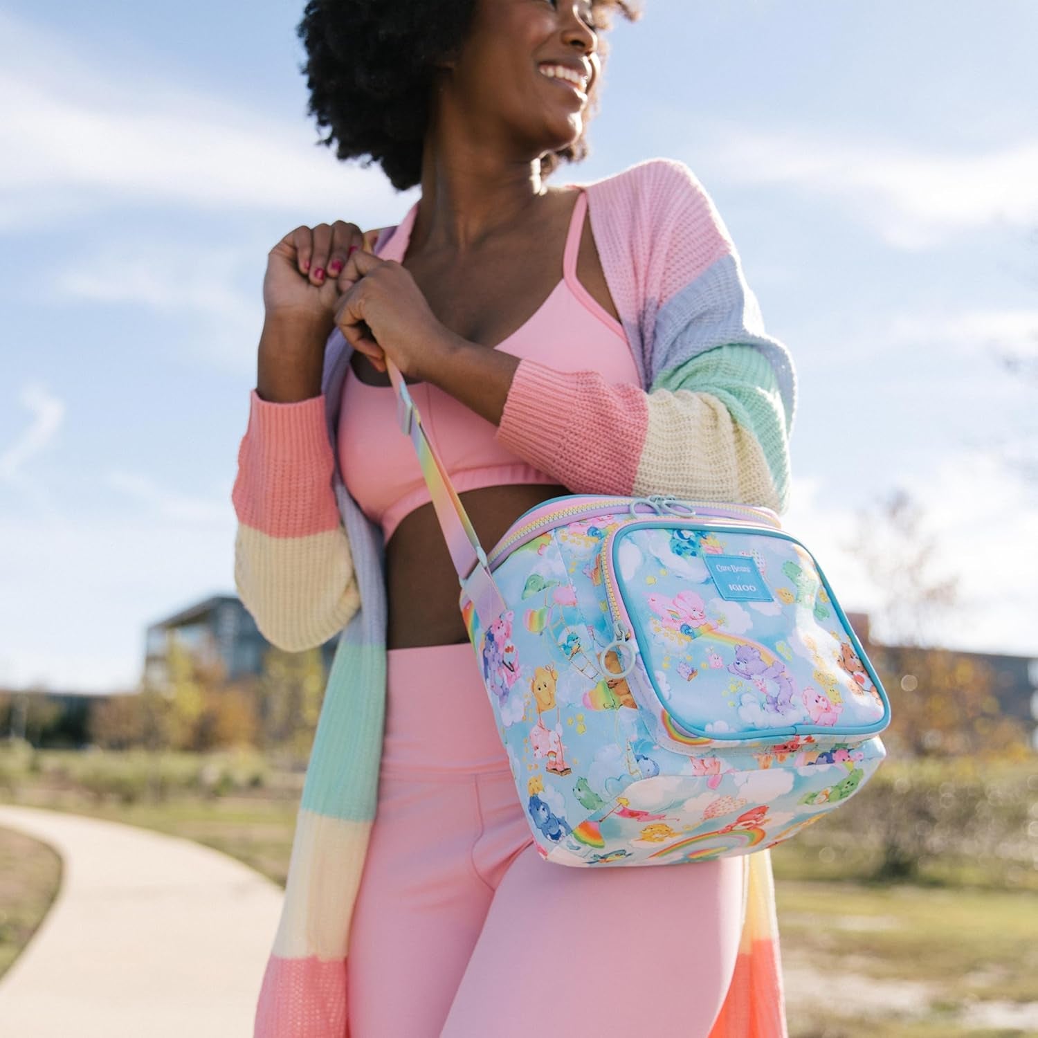 Retro 90S Cooler, Insulated Square Lunch Box with Front Pocket & Adjustable Strap