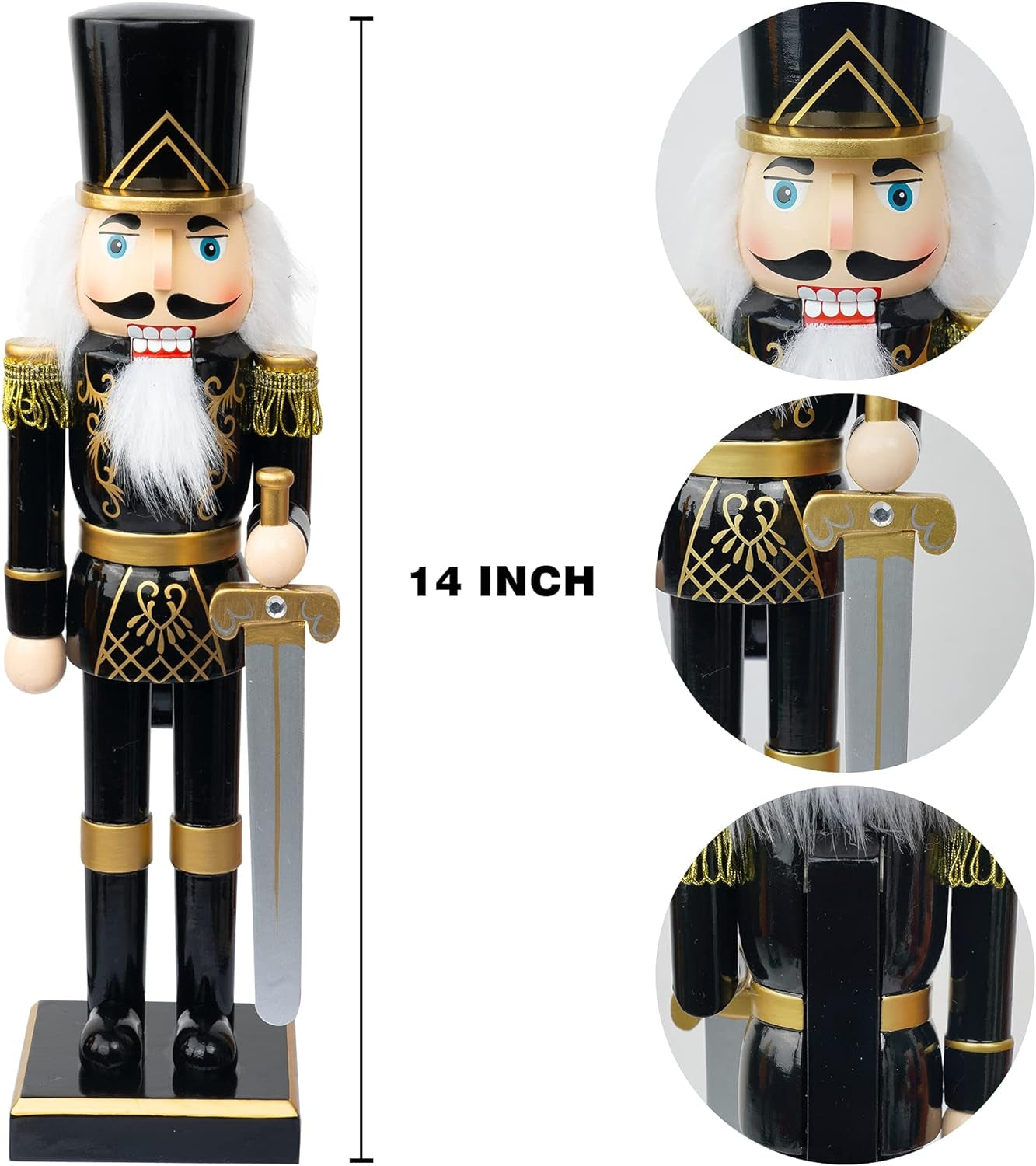 FUNPENY 14" Christmas Decorative Nutcracker Figures, Wooden Black Soldier in Black Uniform Hold Sword, Festive Collectible Nutcracker Gift for Indoor Winter Table Desktop Fireplace Decorations