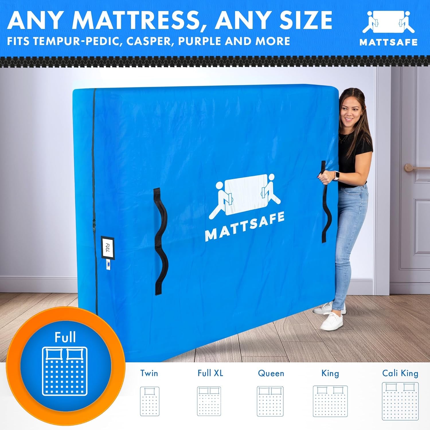 Mattress Bag with 8 Handles for Moving and Storage - Full Size - Reusable Cover with Strong Zipper Closure - Extra Thick Mattress Protection Mattsafe